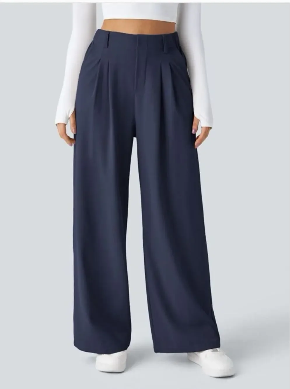 Halara Blue Pull On High Rise Pleated Wide Leg Stretch Knit Trouser Pants Sz LP - Picture 1 of 15